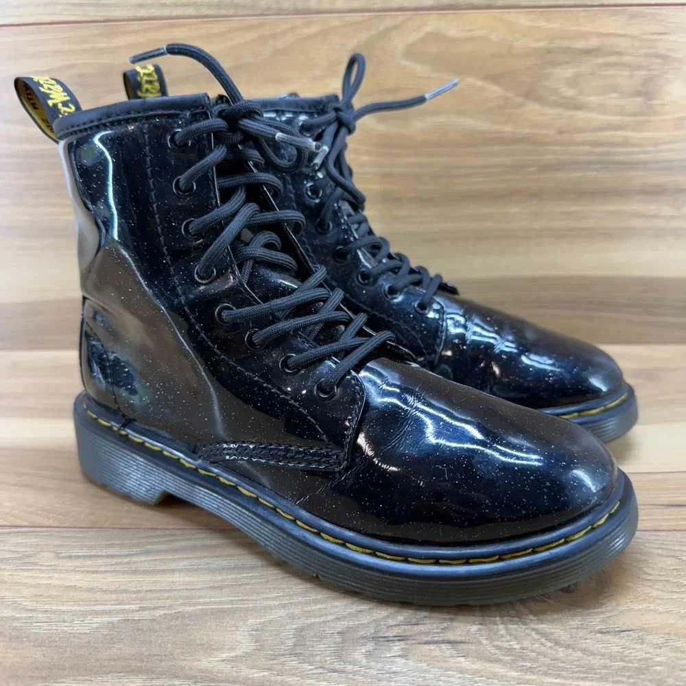 Dr Martens Big Girls Youth Size 3 Black Glitter Patent Leather Combat Boots 1460